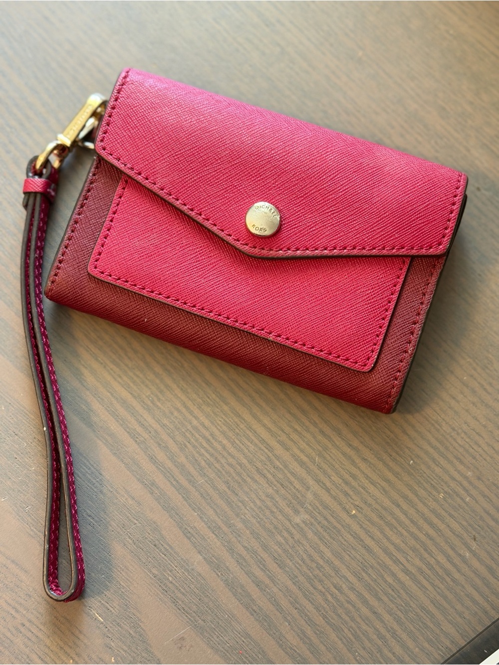 Michael Kors Cranberry Fuchsia Leather Wristlet Clutch with Gold Snap